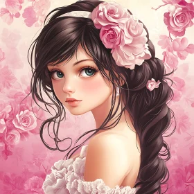 Romantic Anime Portrait with Pink Roses