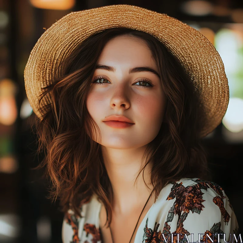 Peaceful Young Woman with Soft Waves and Straw Hat AI Image