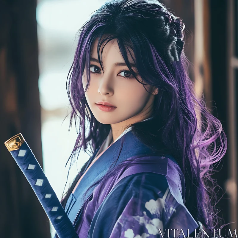 Modern Samurai Woman with Purple Hair AI Image