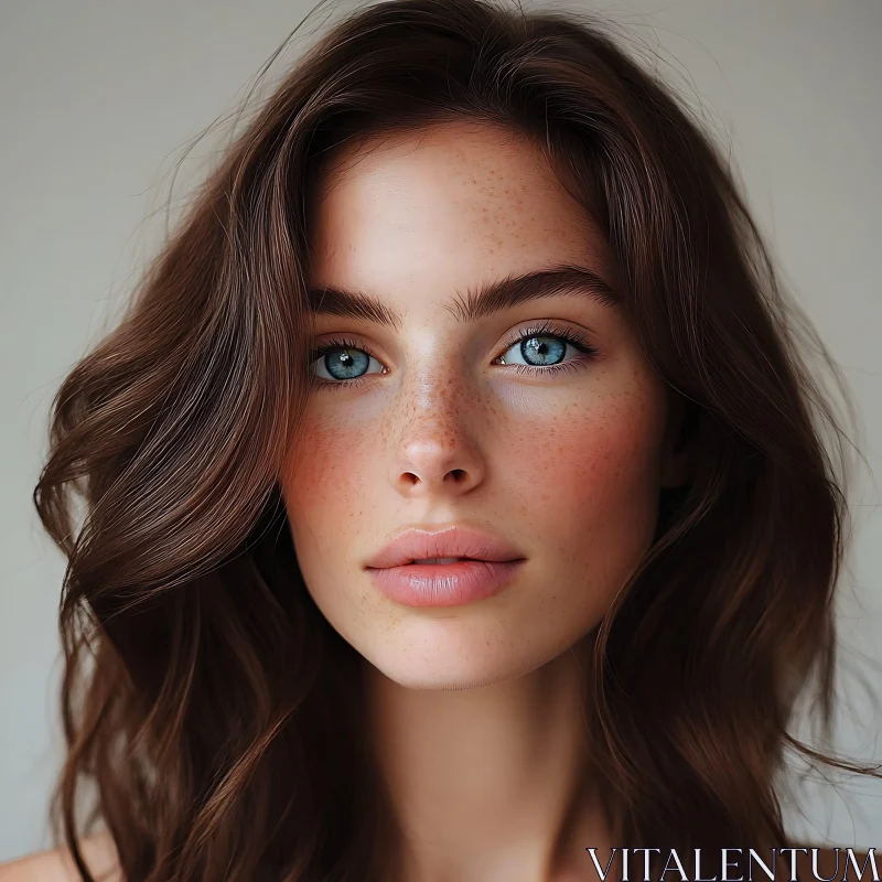 Natural Beauty with Blue Eyes and Freckles AI Image