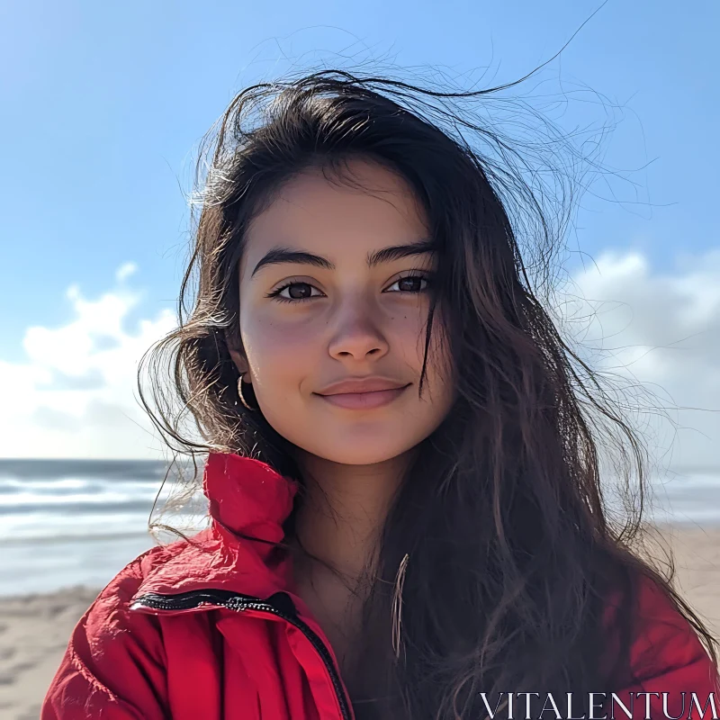 Wind-Swept Beach Portrait AI Image