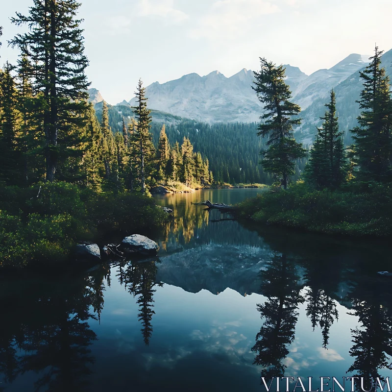 Tranquil Lake Scene with Reflective Mountains AI Image