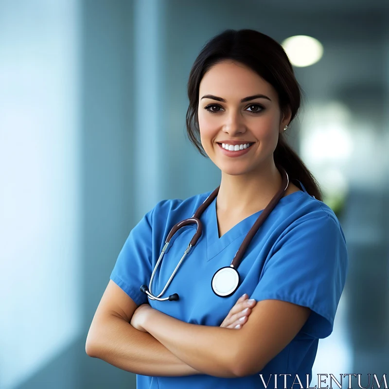 Smiling Nurse in Blue Scrubs with Stethoscope AI Image