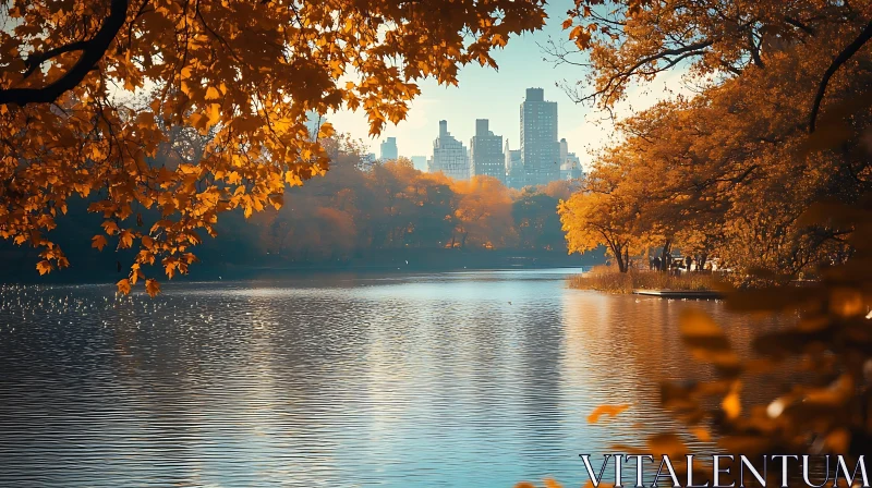 Peaceful Lake Scene with Autumn Trees and City Buildings AI Image