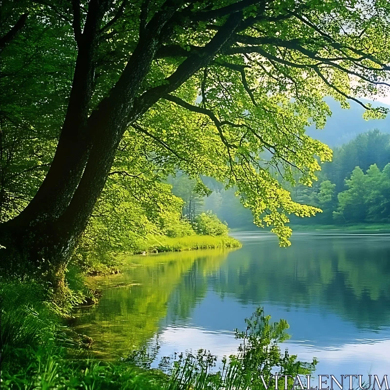 Serene Green Forest Lake Scene AI Image