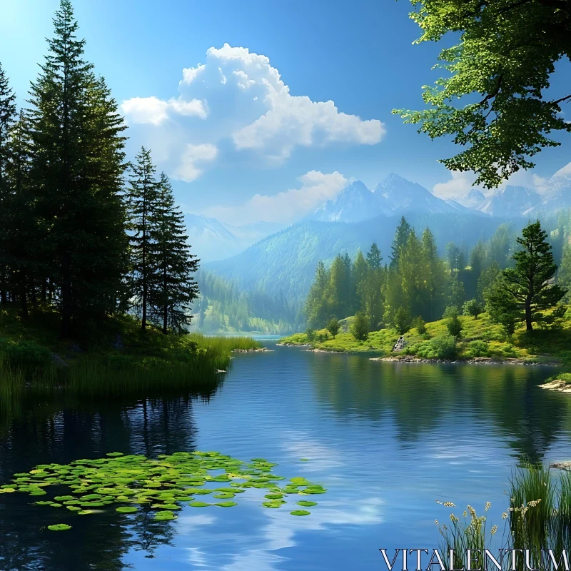 Serene Lake with Mountain View AI Image