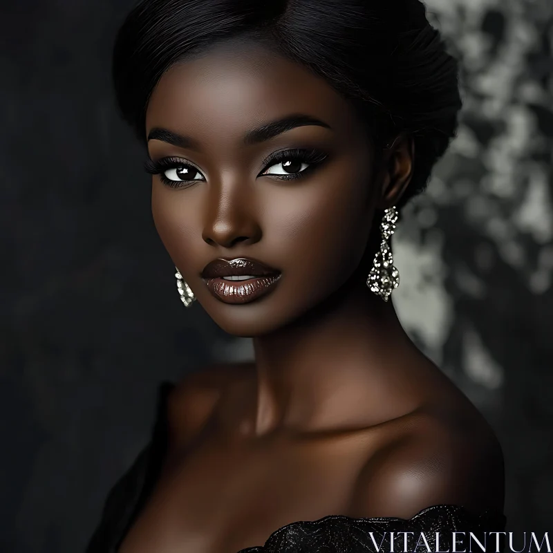 Sophisticated Woman in Black Gown with Sparkling Earrings AI Image