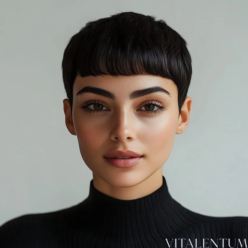 Short Hair Woman in Black Turtleneck Portrait AI Image