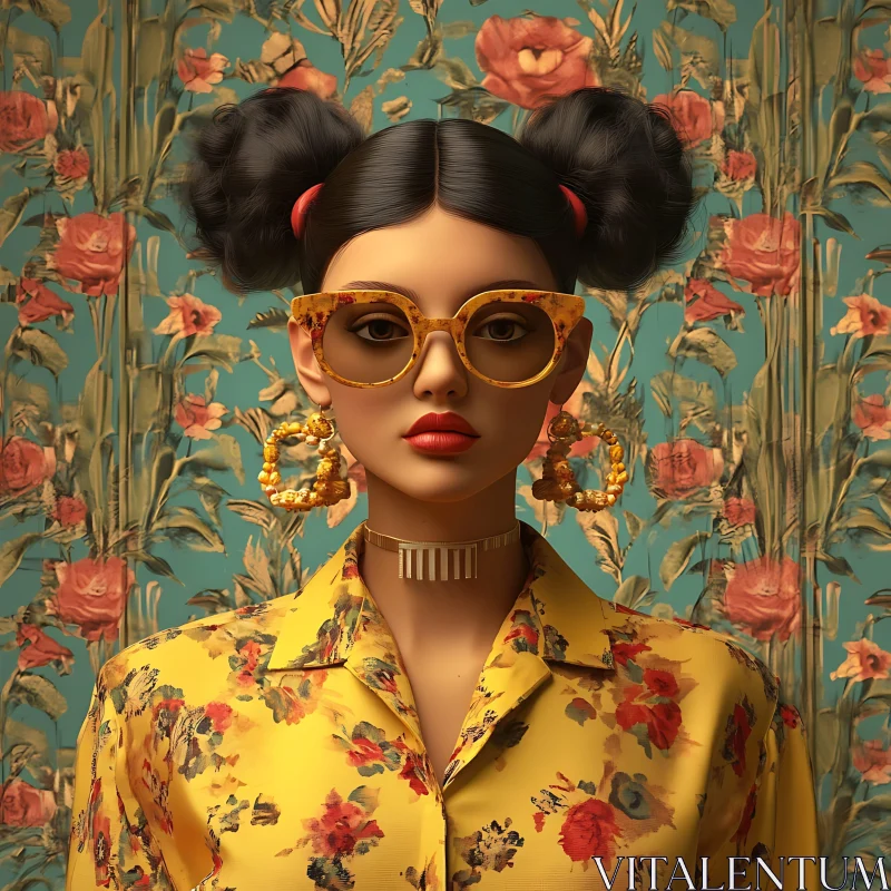 Stylish Portrait of a Woman in Yellow Floral Shirt AI Image