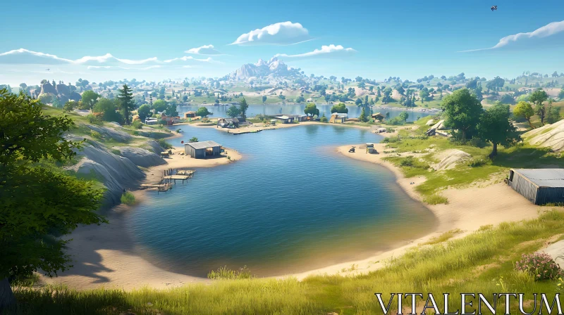 Tranquil Lake Landscape with Mountains and Village AI Image