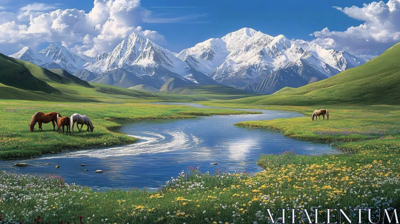 AI ART Scenic Mountain View with River and Horses