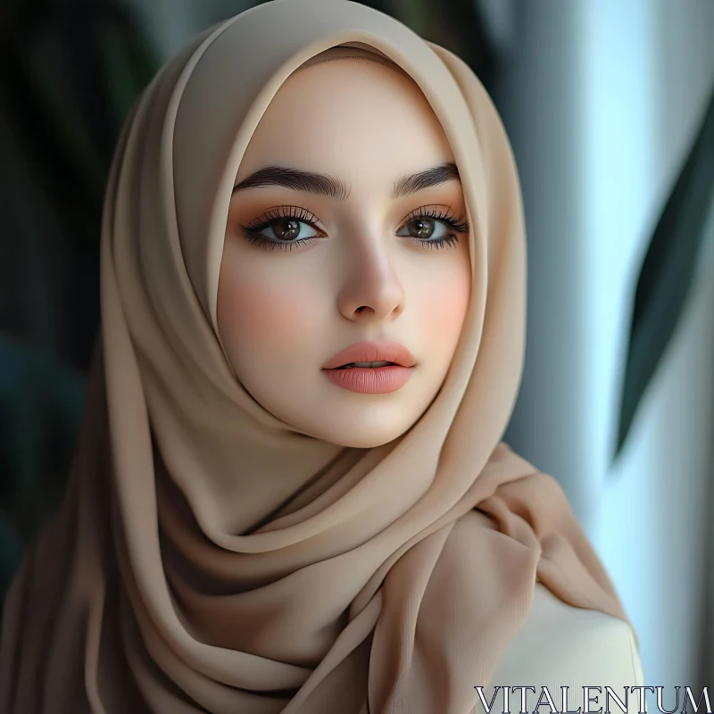 Serene Portrait of a Woman in Beige Hijab AI Image