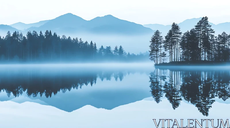 Serene Misty Morning at Forest Lake with Mountain Views AI Image