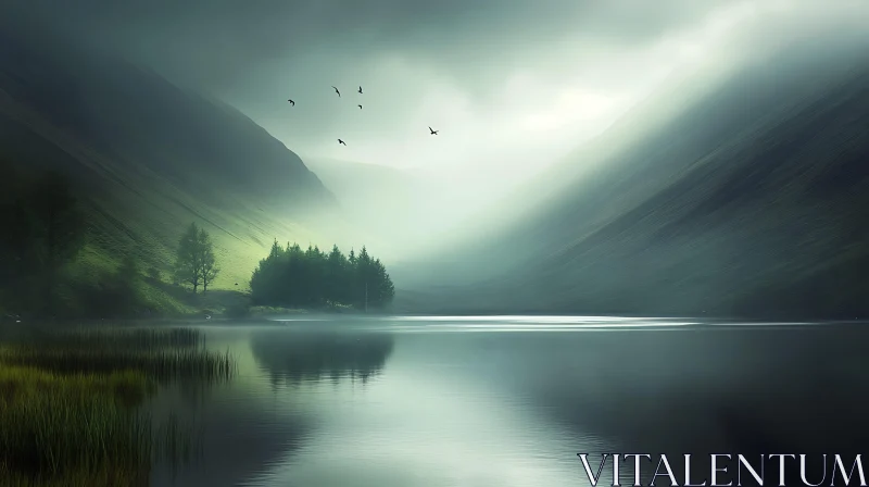 Serene Mountain Lake with Mist and Birds AI Image