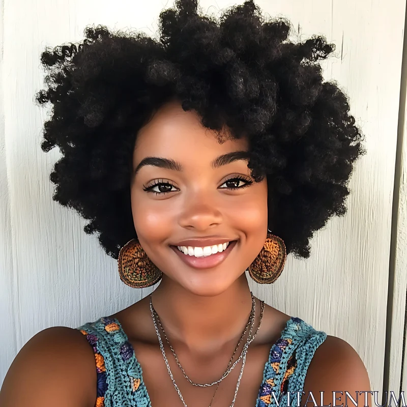 Radiant Portrait of a Woman with Afro and Handmade Jewelry AI Image