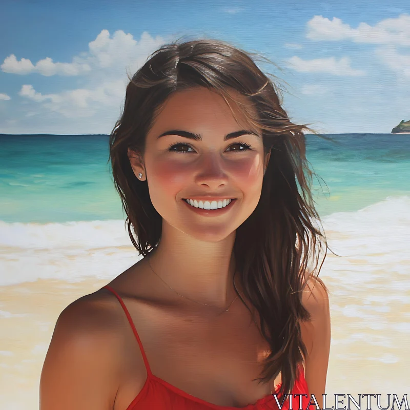 Happy Young Woman Enjoying Summer at the Beach AI Image