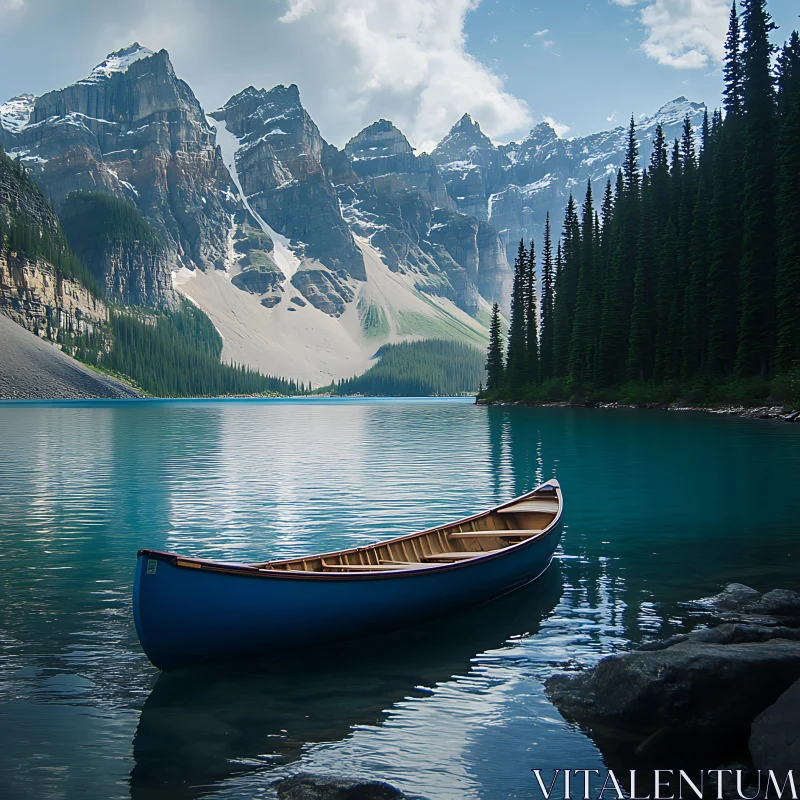 Tranquil Lake with Snowy Peaks and Forest AI Image