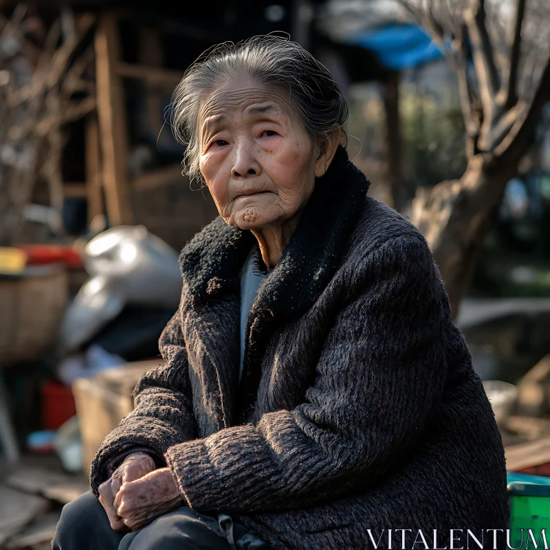 Thoughtful Elderly Woman in Outdoor Setting AI Image