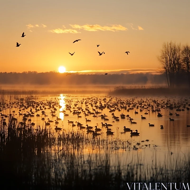 Sunrise Lake Scene with Flying Birds and Reflections AI Image