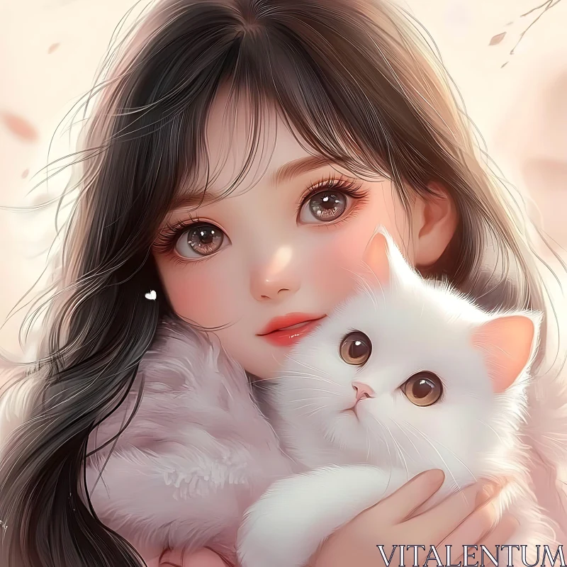 Sweet Anime Girl and Fluffy White Cat Art AI Image