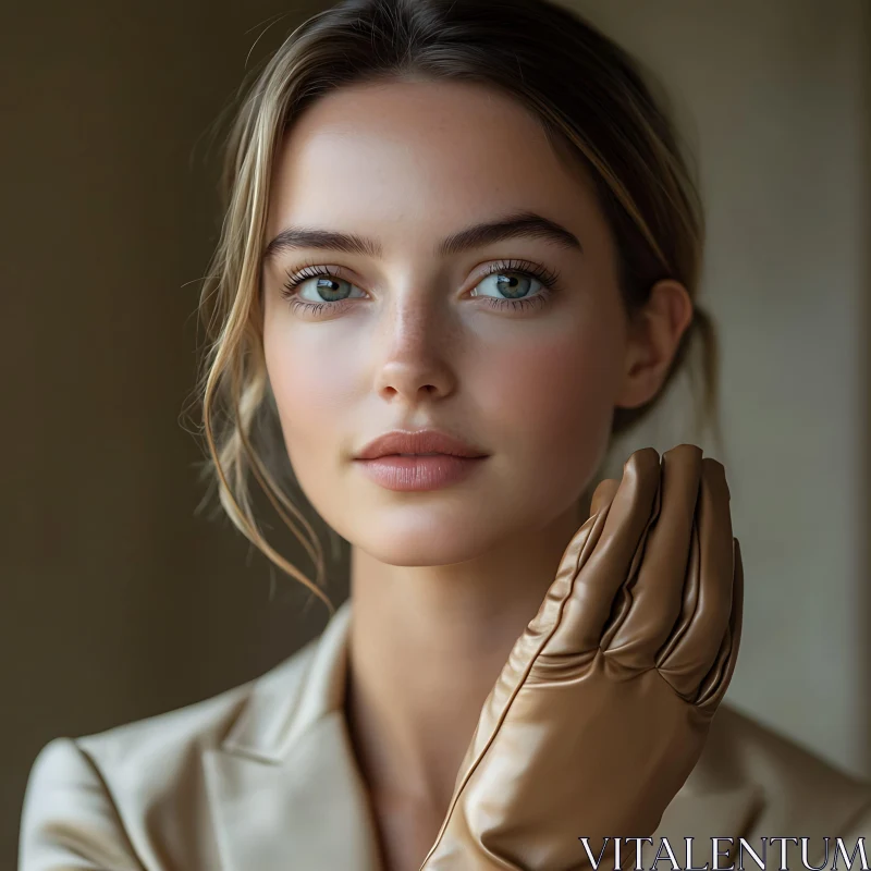 Portrait of Woman with Blue Eyes and Tan Glove AI Image