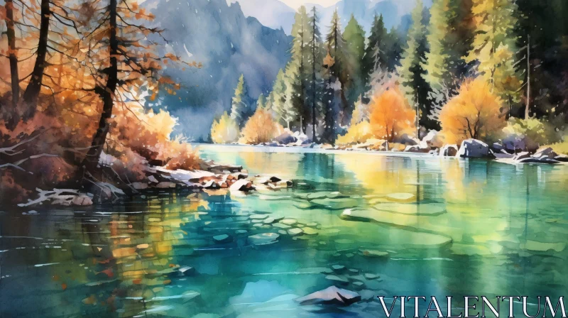 Serene Lake with Autumn Foliage and Mountain Backdrop AI Image