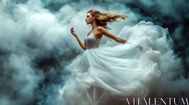 Ethereal Lady in White Dress Surrounded by Clouds AI Image