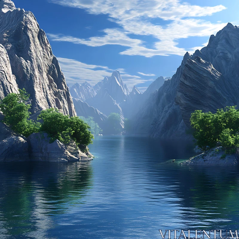 Tranquil Alpine Lake with Towering Rocky Peaks AI Image