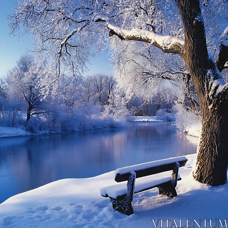 Tranquil Snowy Riverbank with Bench in Winter AI Image