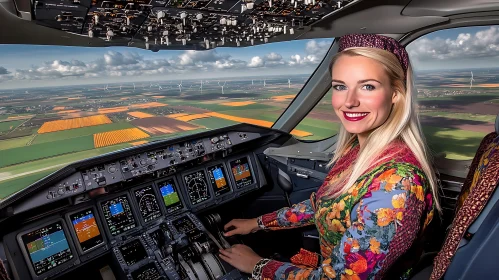 Airplane Cockpit with Female Pilot in Floral Attire