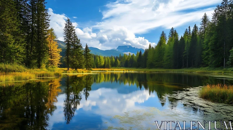 Serene Lake Scene with Forest and Distant Mountains AI Image