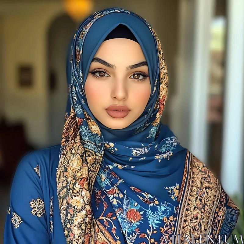 Graceful Portrait of Woman in Blue Hijab AI Image