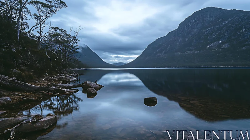 Peaceful Lake Scene with Mountain Backdrop AI Image