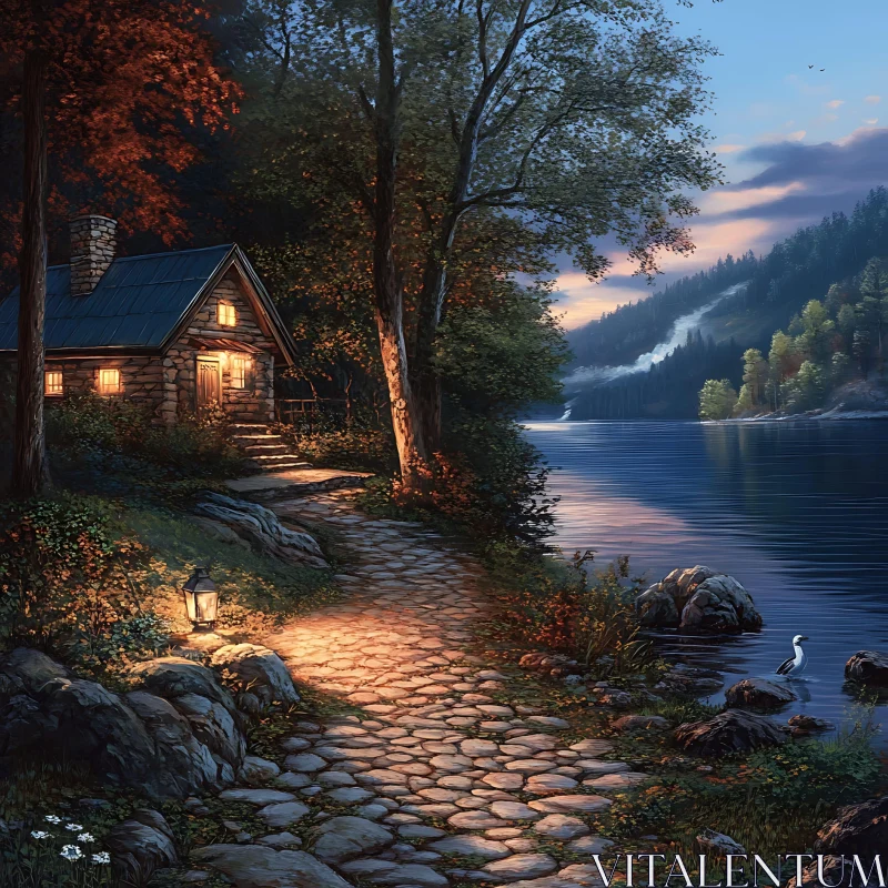 Peaceful Evening by the Riverside Cabin AI Image