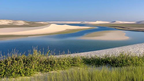 Peaceful Scene of a River Amidst Sand Dunes and Blue Sky