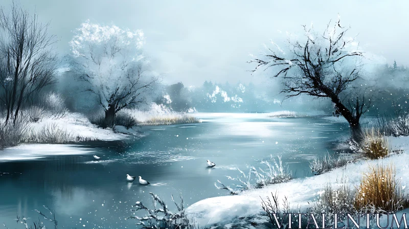 Winter Wonderland by the Frozen Lake AI Image