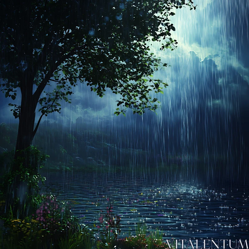 AI ART Moonlit Night with Rain and Tree