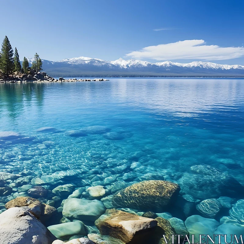 Crystal Clear Lake with Mountainous Backdrop AI Image