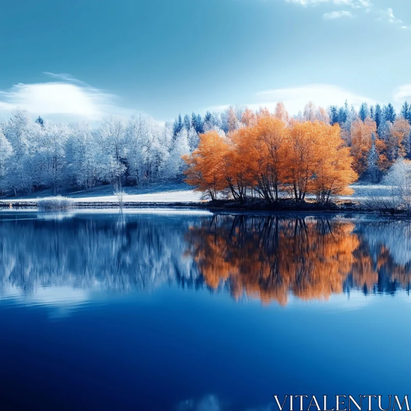 Serene Lake Reflecting Orange and White Trees AI Image