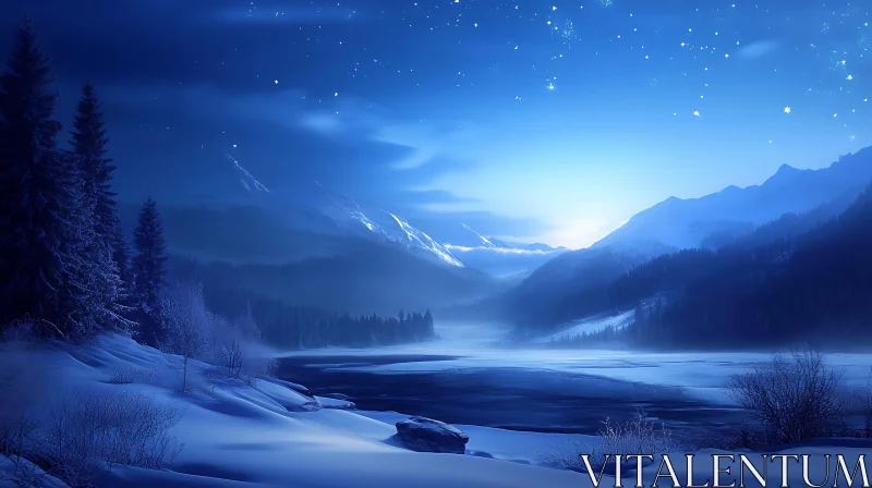 AI ART Tranquil Winter Mountains Under a Starry Night Sky