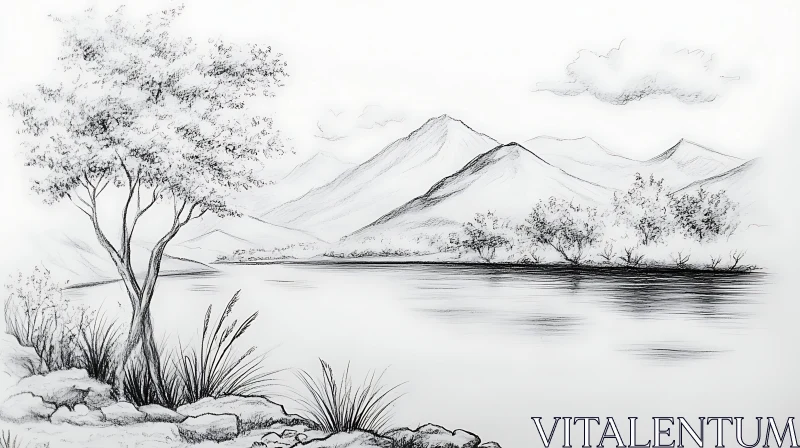 Tranquil Landscape Pencil Drawing with Mountains and Lake AI Image