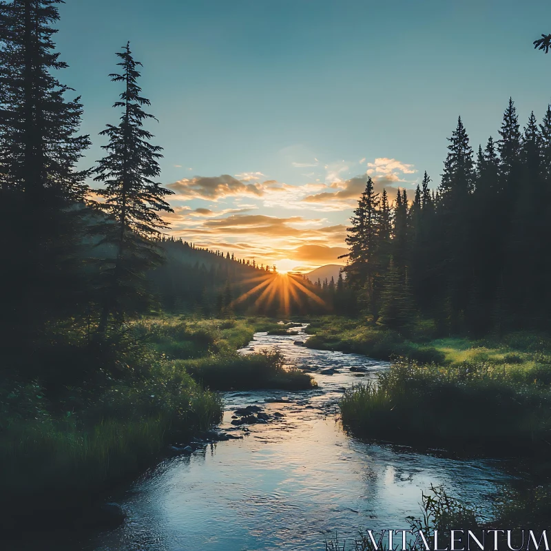 Sunset Over River and Forest AI Image