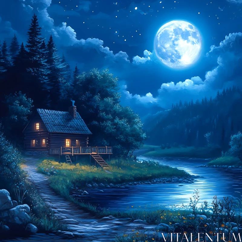 AI ART Peaceful Moonlit Night by the Cabin