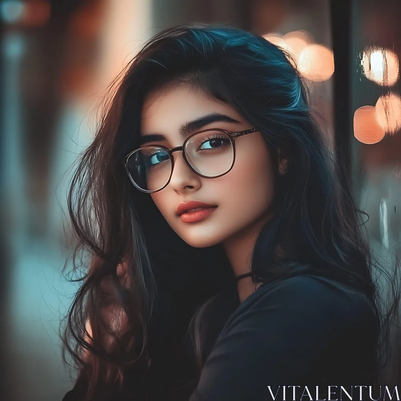 Woman with Dark Hair and Glasses in Urban Setting AI Image