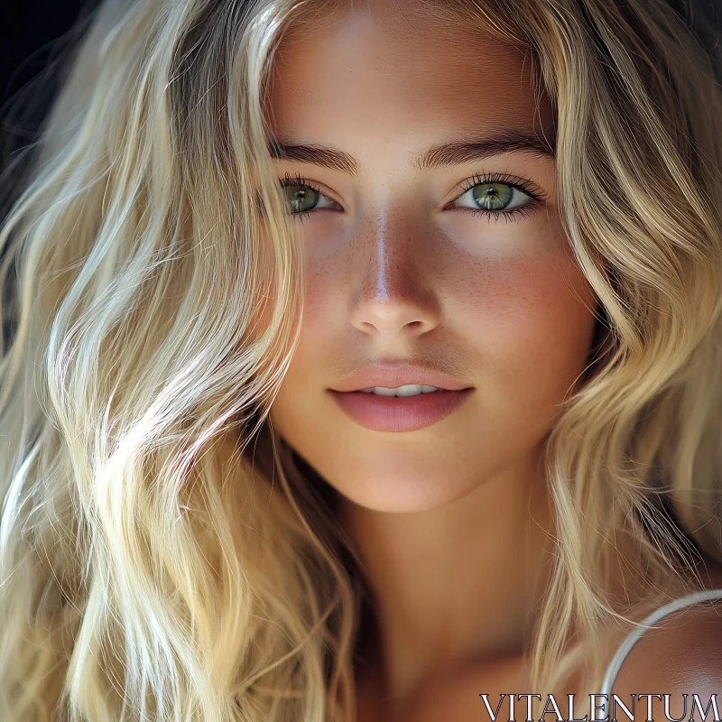 AI ART Blonde Woman Close-Up with Green Eyes