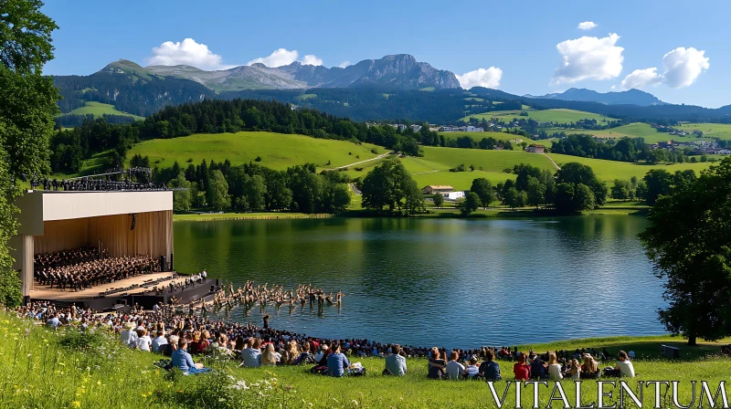 Audience Enjoying a Concert by the Lake in a Picturesque Setting AI Image