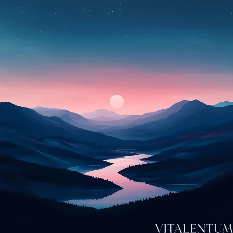 Twilight Tranquility in Mountainous Valley AI Image