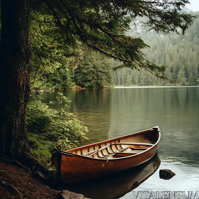 Peaceful Lake with Canoe and Forest AI Image