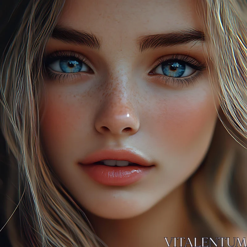 Mesmeric Blue-Eyed Woman with Freckles - Close-Up Portrait AI Image