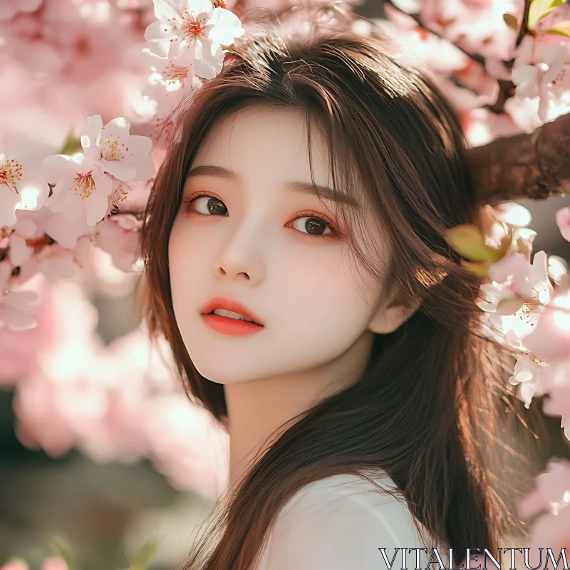 Woman Surrounded by Blooming Cherry Blossoms AI Image